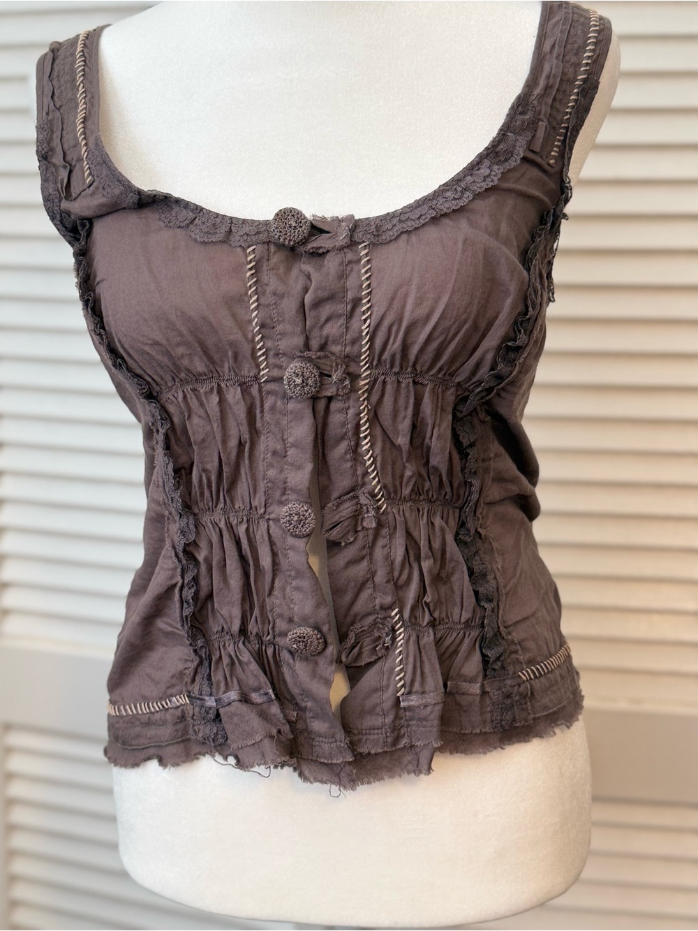 Free People Mesh Corset style Button-Front Ruched  Tank Whimsigoth FairyGrunge